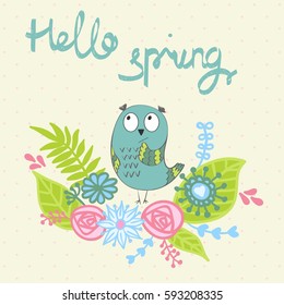 Hello spring. Greeting card with funny owls in vector.