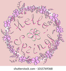 Hello spring greeting card. Hand drawn illustration with wood background effect. Flower wreath and lettering.