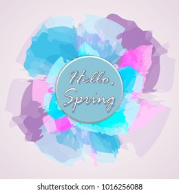 Hello spring greeting card. Hand drawn illustration with wood background effect.