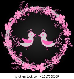 Hello spring greeting card. Hand drawn illustration with wood background effect. Flower wreath and lettering.