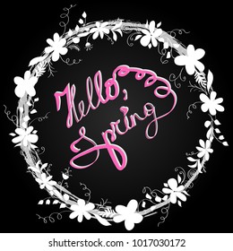 Hello spring greeting card. Hand drawn illustration with wood background effect. Flower wreath and lettering.