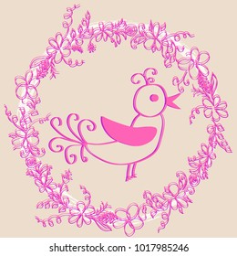 Hello spring greeting card. Hand drawn illustration with wood background effect. Flower wreath and lettering.