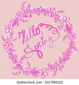 Hello spring greeting card. Hand drawn illustration with wood background effect. Flower wreath and lettering.