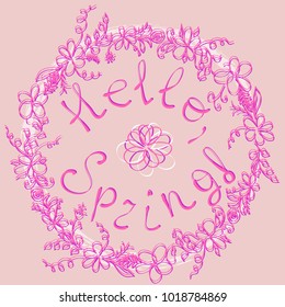 Hello spring greeting card. Hand drawn illustration with wood background effect. Flower wreath and lettering.