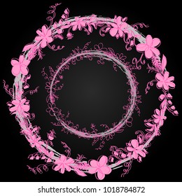 Hello spring greeting card. Hand drawn illustration with wood background effect. Flower wreath and lettering.