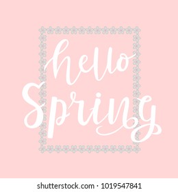 Hello Spring greeting card. Hand drawn illustration on pink background. Cherry flowers frame and lettering