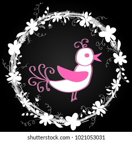 Hello spring greeting card. Hand drawn illustration with wood background effect. Flower wreath and lettering.