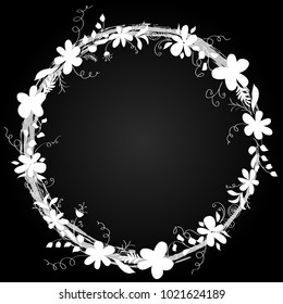 Hello spring greeting card. Hand drawn illustration with wood background effect. Flower wreath and lettering.