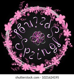 Hello spring greeting card. Hand drawn illustration with wood background effect. Flower wreath and lettering.