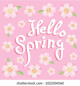Hello Spring greeting card. Hand drawn lettering vector illustration with flowers on pink background. Vintage lettering banner poster template.