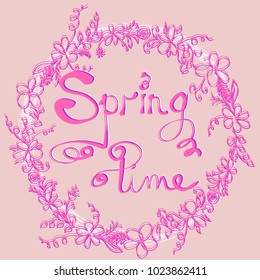 Hello spring greeting card. Hand drawn illustration with wood background effect. Flower wreath and lettering.