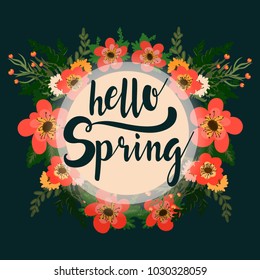 Hello Spring greeting card. Hand drawn illustration with floral wreath.