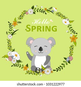Hello Spring greeting card. Hand drawn vector illustration with cute Koala in spring flowers