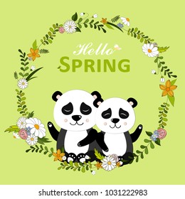 Hello Spring greeting card. Hand drawn vector illustration with cute Panda in spring flowers