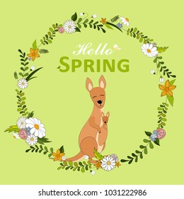 Hello Spring greeting card. Hand drawn vector illustration with cute Kangaroo mom in spring flowers