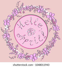 Hello spring greeting card. Hand drawn illustration with wood background effect. Flower wreath and lettering.