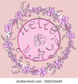 Hello spring greeting card. Hand drawn illustration with wood background effect. Flower wreath and lettering.
