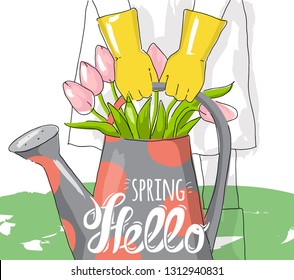 Hello spring greeting card. Hand drawn illustration with spring flowers in vintage watering can.