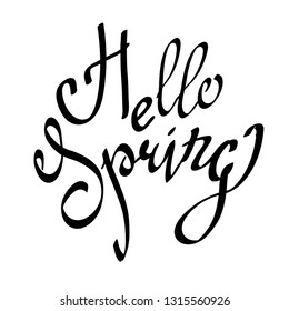 Hello Spring greeting card with hand drawn calligraphy phrase isolated on white. Brash pen lettering. Can be used for greeting card design, invitation card, banner, poster, web site. Vector