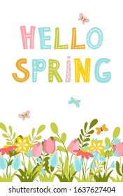 Hello spring greeting card with hand drawn decorative letters, butterflies and flower border. Vector illustration