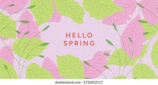 Hello Spring greeting card with hand drawn leaves and branches. Soft pastel botanical frame on light background. Spring floral template for womens day and mothers day