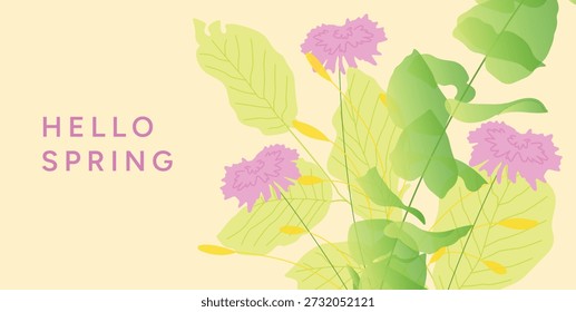Hello Spring greeting card with hand drawn flowers leaves and buds, soft pastel botanical background, delicate spring floral illustration for womens day 8 march and mothers day. Flat vector illustration