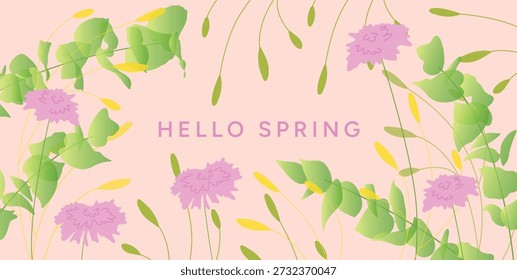 Hola tarjeta de felicitación de primavera con hojas y brotes de flores dibujadas a mano, fondo botánico pastel suave, ilustración floral de primavera delicada para el día 8 de marzo de las mujeres y el día de las madres. Ilustración vectorial plana