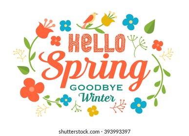 Hello spring greeting card. Hand drawn flower wreath and hand drawn lettering.
