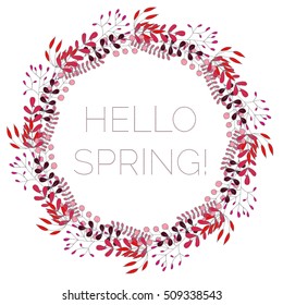 Hello spring greeting card. Hand drawn illustration. Flower wreath and lettering.