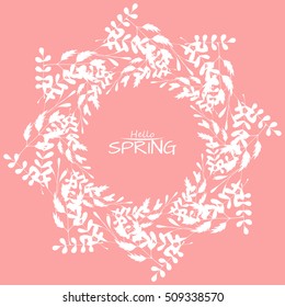 Hello spring greeting card. Hand drawn illustration. Flower wreath and lettering.