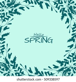 Hello spring greeting card. Hand drawn illustration. Flower wreath and lettering.