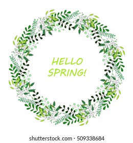 Hello spring greeting card. Hand drawn illustration. Flower wreath and lettering.