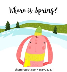 Hello spring greeting card. Hand drawn illustration with cartoon rabbit.Bright easter concept card with you are my happy text in vector - stock vector
