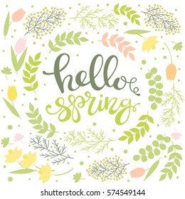Hello Spring - greeting card. Hand lettering. Floral Design. Green branches and leaves, narcissus, mimosa and tulips. Vector illustration.
