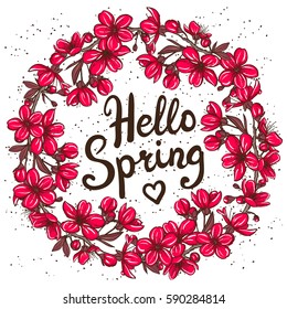 Hello Spring greeting card. Hand drawn illustration with floral wreath
