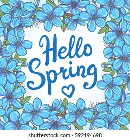 Hello Spring greeting card. Hand drawn illustration with floral border