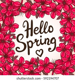 Hello Spring greeting card. Hand drawn illustration with floral border