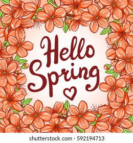 Hello Spring greeting card. Hand drawn illustration with floral border