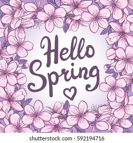 Hello Spring greeting card. Hand drawn illustration with floral border