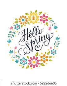 Hello spring greeting card. Hand drawn vector illustration with colorful flower wreath and lettering, isolated on white.