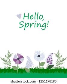 Hello spring. Hello spring greeting card with hand-drawn wild flowers. 