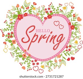 Tarjeta de felicitación de la primavera de Hello con el marco del corazón y la corona floral