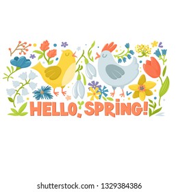 Hello spring greeting card, horizontal banner with cute cartoon hen, rooster and spring flowers, vector illustration on white background. Easter greeting card with chicken, flowers and text