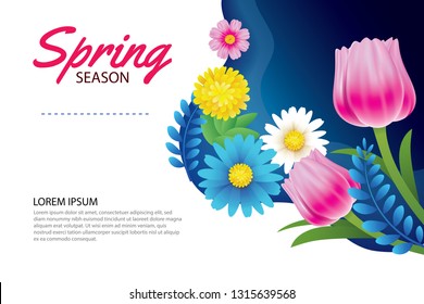 Hello spring greeting card and invitation with blooming flowers background template. Design for decor, flyers, posters, brochure, banner.