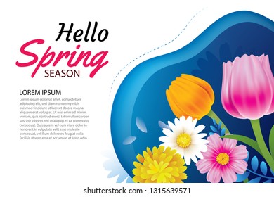Hello spring greeting card and invitation with blooming flowers background template. Design for decor, flyers, posters, brochure, banner.