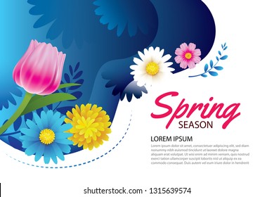 Hello spring greeting card and invitation with blooming flowers background template. Design for decor, flyers, posters, brochure, banner.