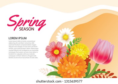 Hello spring greeting card and invitation with blooming flowers background template. Design for decor, flyers, posters, brochure, banner.