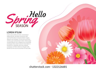 Hello spring greeting card and invitation with blooming flowers background template. Design for decor, flyers, posters, brochure, banner.