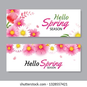 Hello spring greeting card and invitation with blooming flowers background template. Design for cover, flyers, posters, brochure, banner.