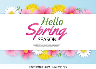 Hello spring greeting card and invitation with blooming flowers background template. Design for cover, flyers, posters, brochure, banner.